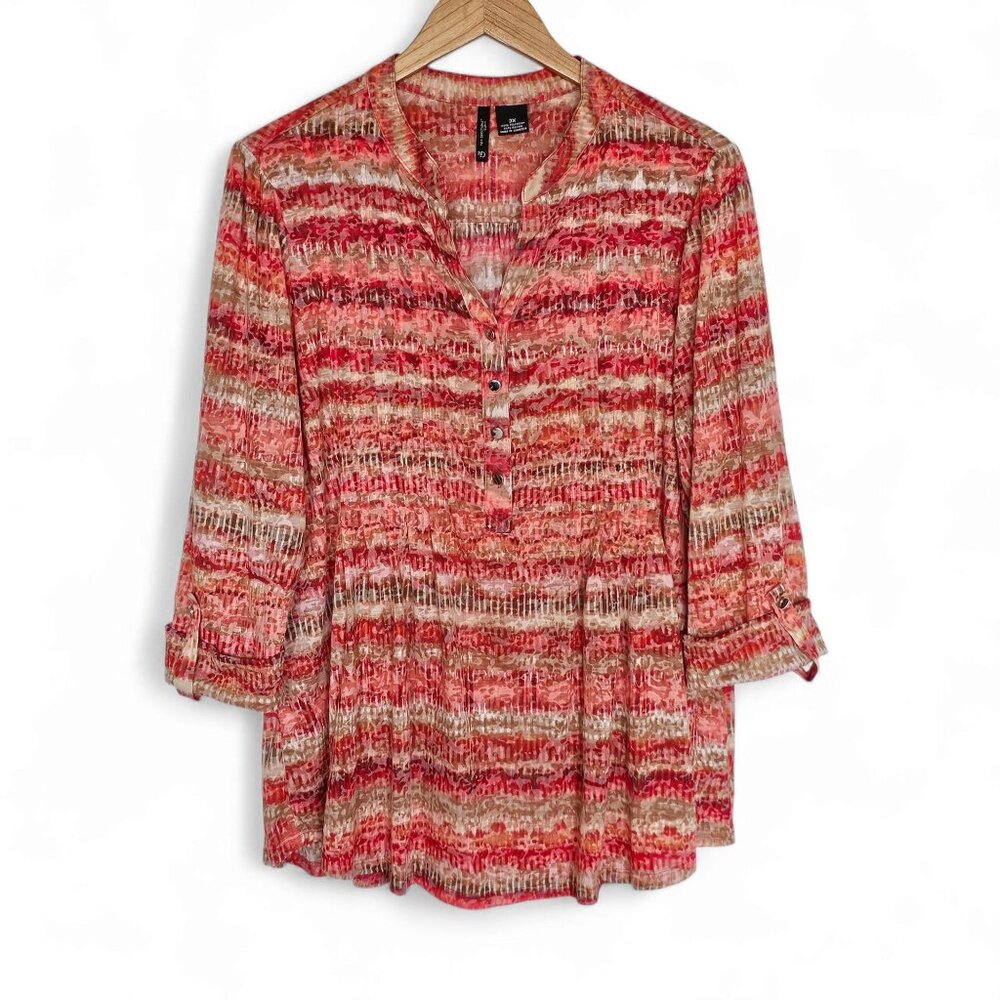 New Directions Top 3X Red Beige 3/4 Sleeve Henley Lightweight Valentine's Day